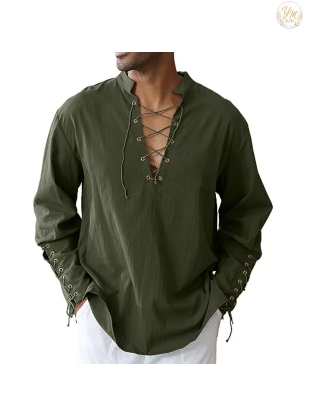Men's 100% Cotton Viking Pirate Shirt Loose Fit Deep V-Neck Long Sleeve